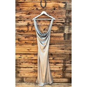 VENUS | Metallic Silver Drape Strappy Long Evening Dress 2X